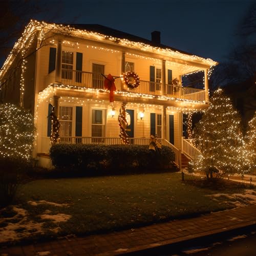 Outdoor Indoor Christmas String Lights - 99FT 300 LED Warm White Fairy Lights with 8 Modes & Timer - Green Wire