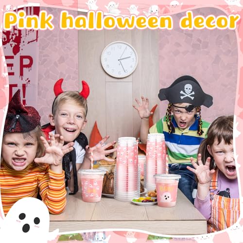 Pink Halloween Ghost Plastic Cups with Lids & Straws - 50 Pcs Party Supplies