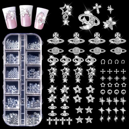 Silver Nail Charms Set - 3D Goth Metal Rhinestones & Accessories