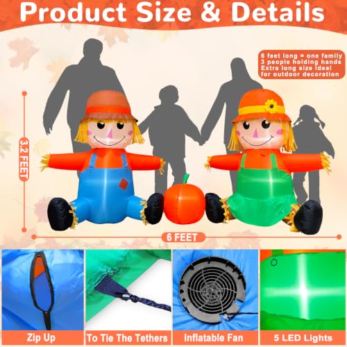 6FT Fall Thanksgiving Inflatable Scarecrow Couple with LEDs - Outdoor Decorations