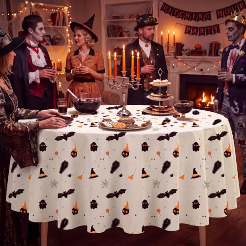 Halloween Tablecloth 6 Pack 84 Inch Round Plastic Bat Ghost Table Covers - Pumpkin Beige Variation