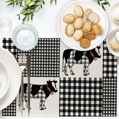 Cow Plaid Check Placemats Set of 4 - 12x18 Inch Rustic Table Decor