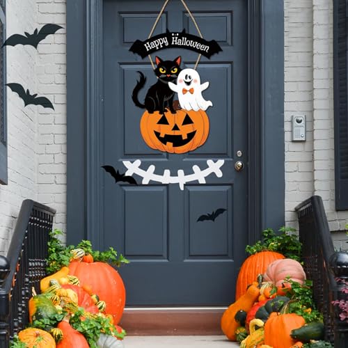 Wooden Halloween Welcome Sign - Indoor & Outdoor Decor with Pumpkin Ghost Black Cat Motifs
