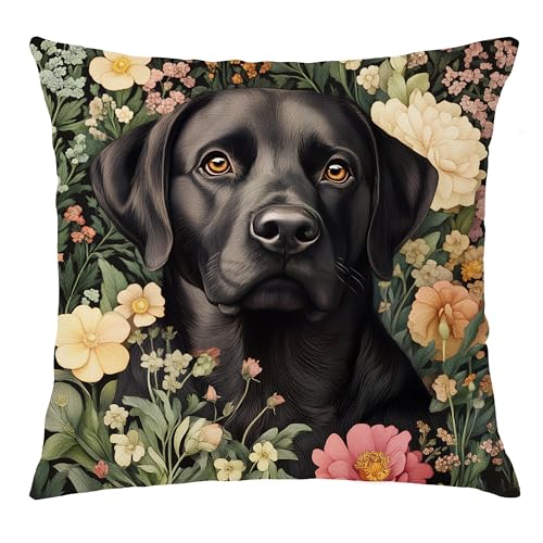 Labrador Retriever Floral Decor Pillow Cover 18x18 - Rustic Botanical Home Accent