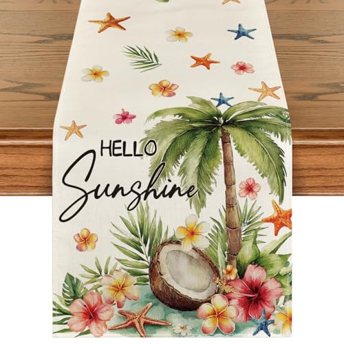Summer Table Runner 13x60 Inch Coconut Tree Flowers Starfish Beach Decor - Beige
