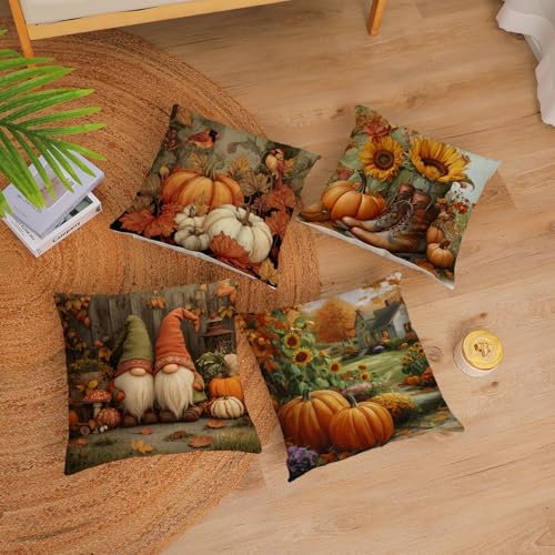 14x14 Fall Pillow Covers Set of 4 Farmhouse Thanksgiving Pumpkins Sunflowers Autumn Leaves Gnome Decor - A-fall 32