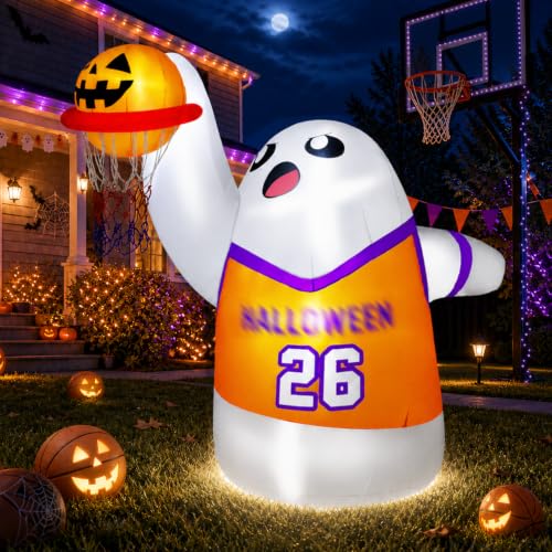 5FT Halloween Inflatable Ghost with Bright LEDs and Slam Dunk Basketball Outdoor Decoration