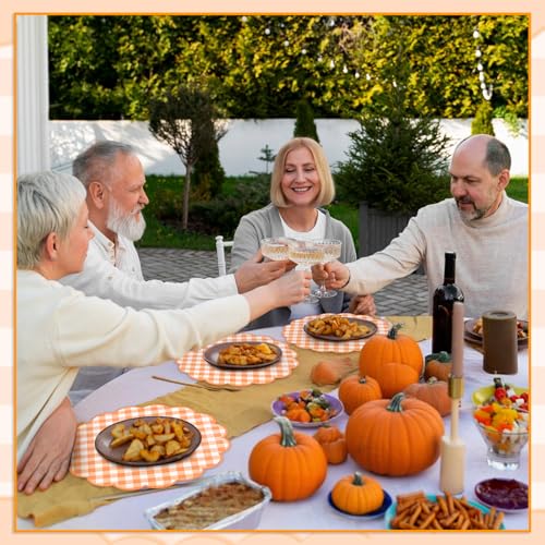 Orange Checkered Gingham Paper Placemats - Disposable Fall Table Decor, 60 Pcs