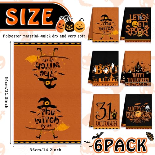 Halloween Hand Towels Set - Eye Catching Witch Ghost Pumpkin Design, 6 Pack