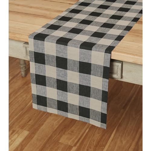 Linen Table Runner 14x90 in Natural Black Check - Handcrafted, Machine Washable