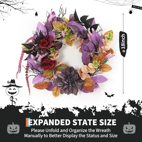 Halloween Wreath 18 Inch with Artificial Roses & Spiders - Round Red & Purple Flowers