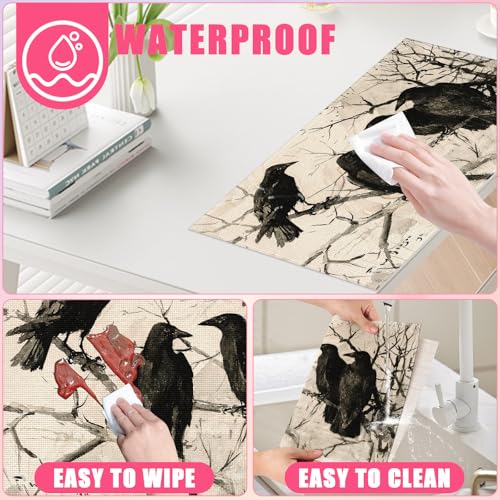 Crows Branch Placemats Set of 6 - Linen Table Mats for Spring & Fall Decor - Washable & Stain Resistant