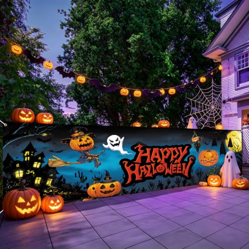 Halloween Fence Banner 118x35 Inch - Outdoor Waterproof Yard Decoration with Ghosts & Pumpkins - 10x3FT Variation 283-1