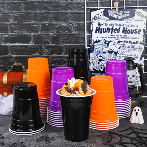 Halloween Plastic Cups 16oz - Black Purple Orange Party Cups - 60 Pack