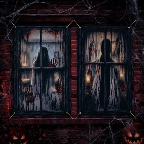 Halloween Window Decorations 2-Piece Scary Door Cover Curtains - Spooky Door Panel Set