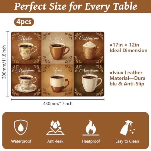 Coffee Pattern Faux Leather Placemats Set of 4 - Waterproof & Heat Resistant