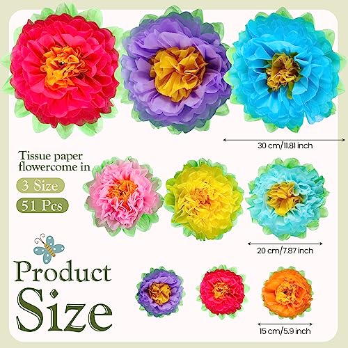 Large Paper Flower Wall Decorations - 51 Pack of Multicolor Tissue Pom Poms