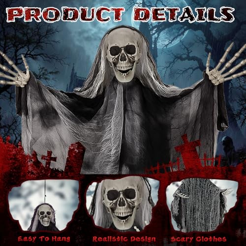 Halloween Decorations 3 Pack Hanging Skeleton Ghosts - Grim Reaper Props with Adjustable Arms