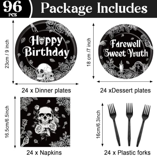 Gothic Birthday Party Plates and Napkins Set - Black & White Skull Design