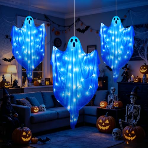 Blue 4 FT Light Up Halloween Ghost Decoration with LED Lights, Timer & 8 Modes