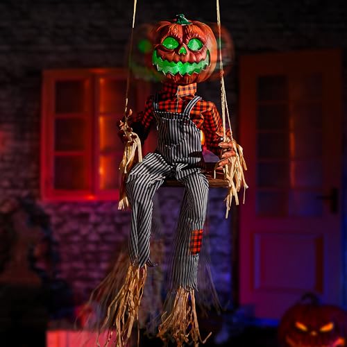 Halloween Animatronics Swinging Pumpkin with Motion Sensor Light Up Eyes - Creepy Sound & Scary Movement - Hanging Decor - Variation: Swinging Jack