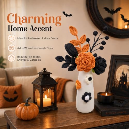 Halloween Crochet Flowers Bouquet with Vase - Black & Orange Handmade Fall Decor