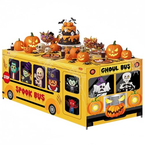 Halloween Ghost School Bus Tablecloth - 5.5 Ft Rectangular Polyester Decoration
