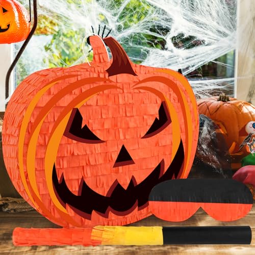 Halloween Pumpkin Piñata with Stick & Confetti - Orange Folding Party Decoration - Pumpkin Variation