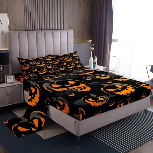 King Size Halloween Pumpkin Bed Sheets Set - Spooky Orange & Black Bedding