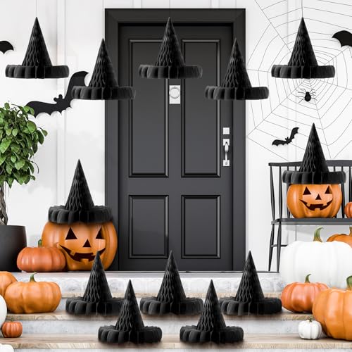 Halloween Honeycomb Decorations Set - 12 Witch Hat Paper Lanterns, Ghosts & Bats