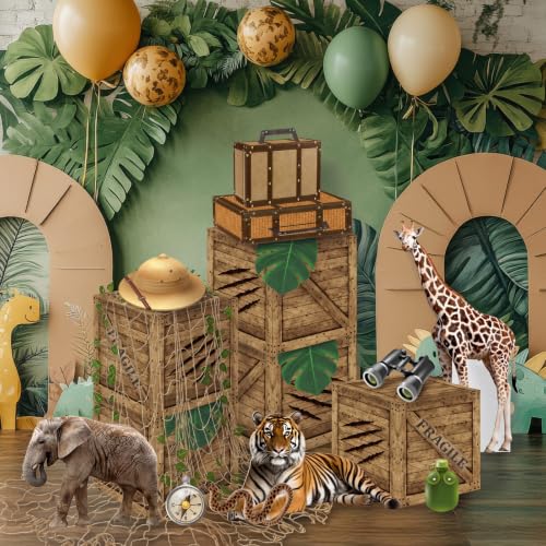 Jungle Safari Party Decorations Set with Wooden Travel Boxes & Animal Props