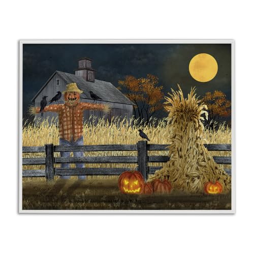 Halloween Farmhouse Scarecrow Wall Art Framed Giclée Print - 11x14 Inches Variation of Scarecrow Farmhouse Moonlight Pumpkin White 14Lx11W
