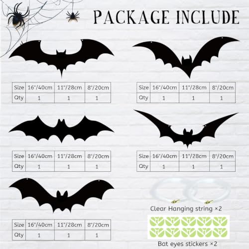 15 PCS Halloween Hanging Bat Decorations Outdoor with Glowing Eyes - Spooky Yard Decor