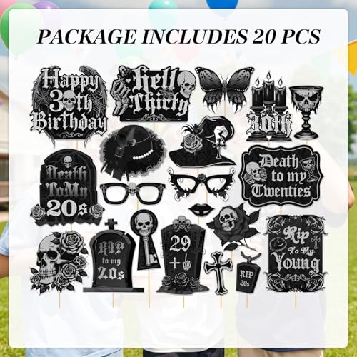 Gothic Style 30th Birthday Photo Booth Props - 20 Pack Dark Color Party Decorations