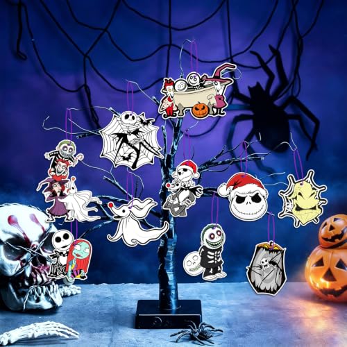 Halloween Christmas Wooden Ornaments Set - 36 Spooky Holiday Tree Decorations