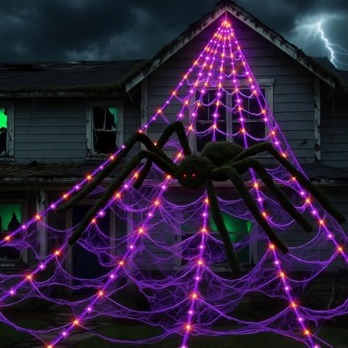 Halloween Spider Web Lights with 250 LEDs & Remote Control - Waterproof Cobweb Decor for Yard Garden Indoor Outdoor
