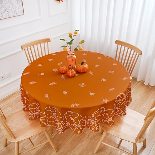 Fall Round Tablecloth 70 Inch Orange Thanksgiving Pumpkin Autumn Cover - Waterproof