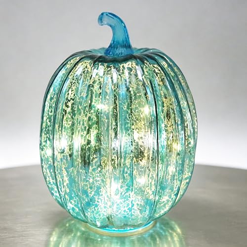 Mercury Glass Pumpkin Lights with Timer - Blue Fall Decor for Home