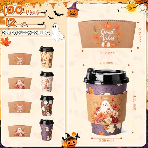 Halloween Disposable Coffee Cups 12 oz with Dome Lids & Sleeves Fall Ghost Style - 100 Pack