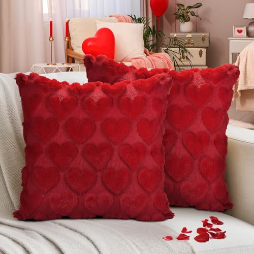 Valentine's Pillow Covers Set of 2 - 18x18 Inch Red Heart Plush Decor for Sofa Couch Bed