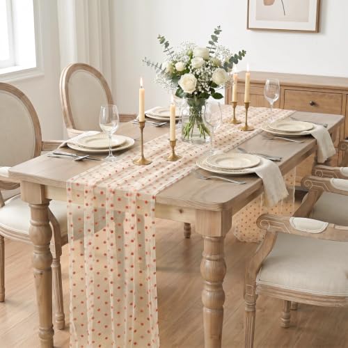 Beige Gauze Flocking Caramel Dots Table Runner 10FT for Wedding & Holiday Decor