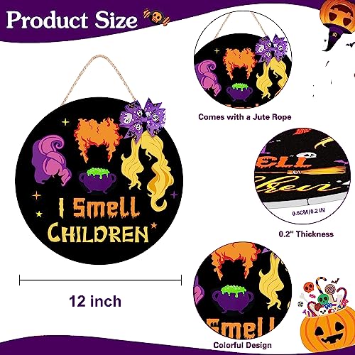 Halloween Wreath Door Sign with Witch Sisters and Bow Decor - Wooden Halloween Door Hanger