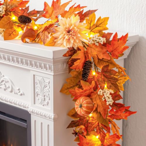 Burnt Orange Fall Garland with Lights - 6ft Autumn Decor with Fruits & Dahlia