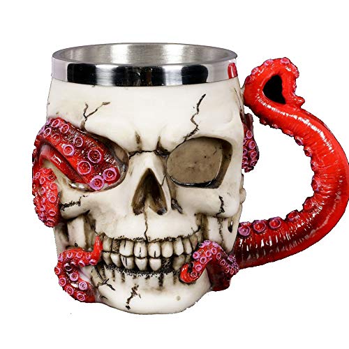 Skull Mug with Tentacle Handle - 13oz Stainless Steel & Resin Drinking Cup
