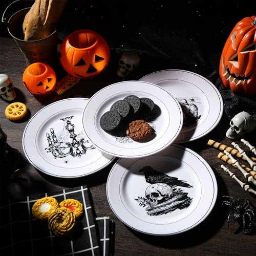 Halloween Dinnerware Set - Vintage 8-Piece Classic Halloween Plates & Serving Dishes - Black & White, Skull & Spider Web Designs - Includes Classic Variation