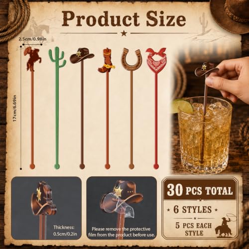 Cowboy Cocktail Stir Sticks 30 Pcs Western Rodeo Party Drink Picks - Rustic Acrylic