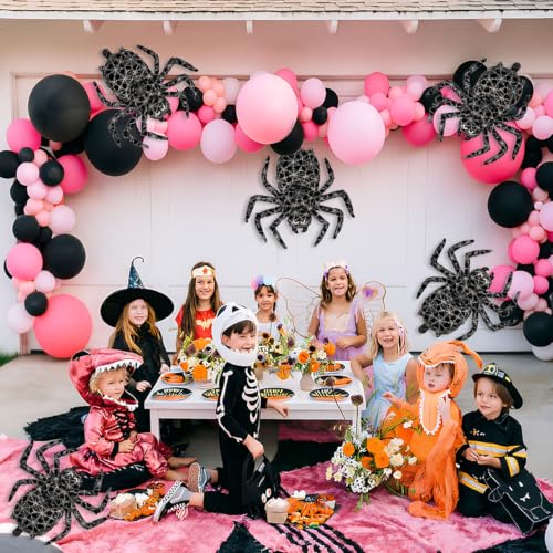 Halloween Black Spider Balloons Set - 6 Latex Party Decorations with Cobweb Design - Variation: Black