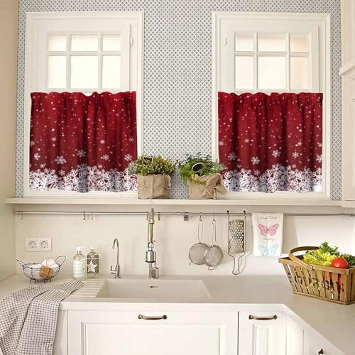 Christmas Curtains Valances Set 3 Pieces - Red Snowflake Holiday Window Decor 27"W x 24"L
