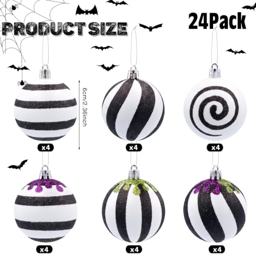 Medoore 24Pcs Gothic Black & White Christmas Ornaments with Purple & Green Glitter Drips - 2.36 Inch Hanging Balls for Halloween Xmas Tree & Party Decor