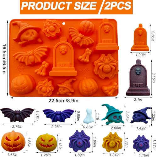 Halloween Candy Molds 2Pcs Silicone Pumpkin Skull Bat Witch Hat Gummy Cake Pop